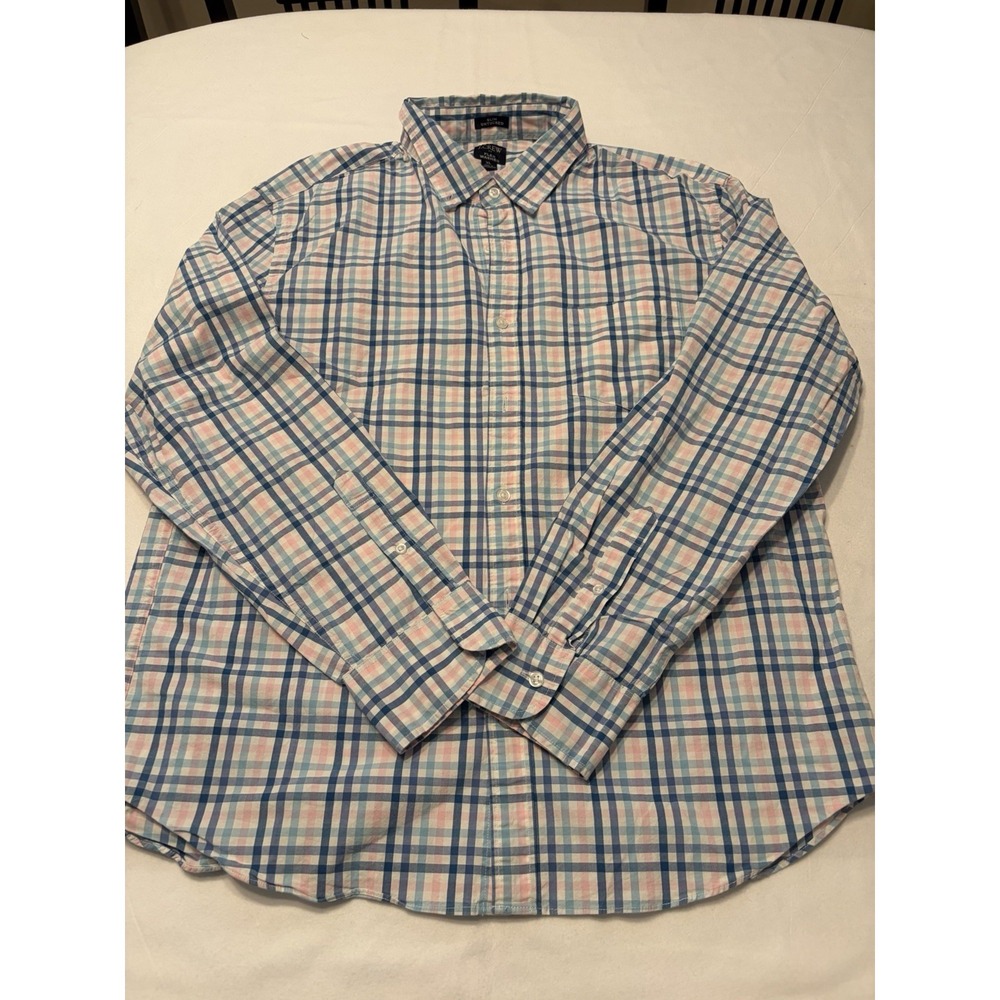 J.Crew Flex Washed Slim Untucked Men's XL Blue Pink White Plaid Button-Up LS